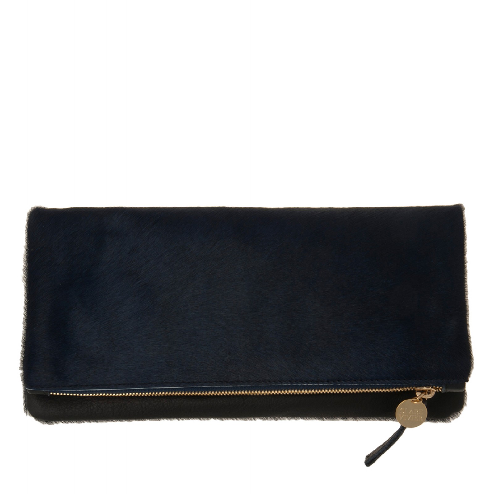 Clare v. Foldover Calf Hair Clutch in Blue Lyst