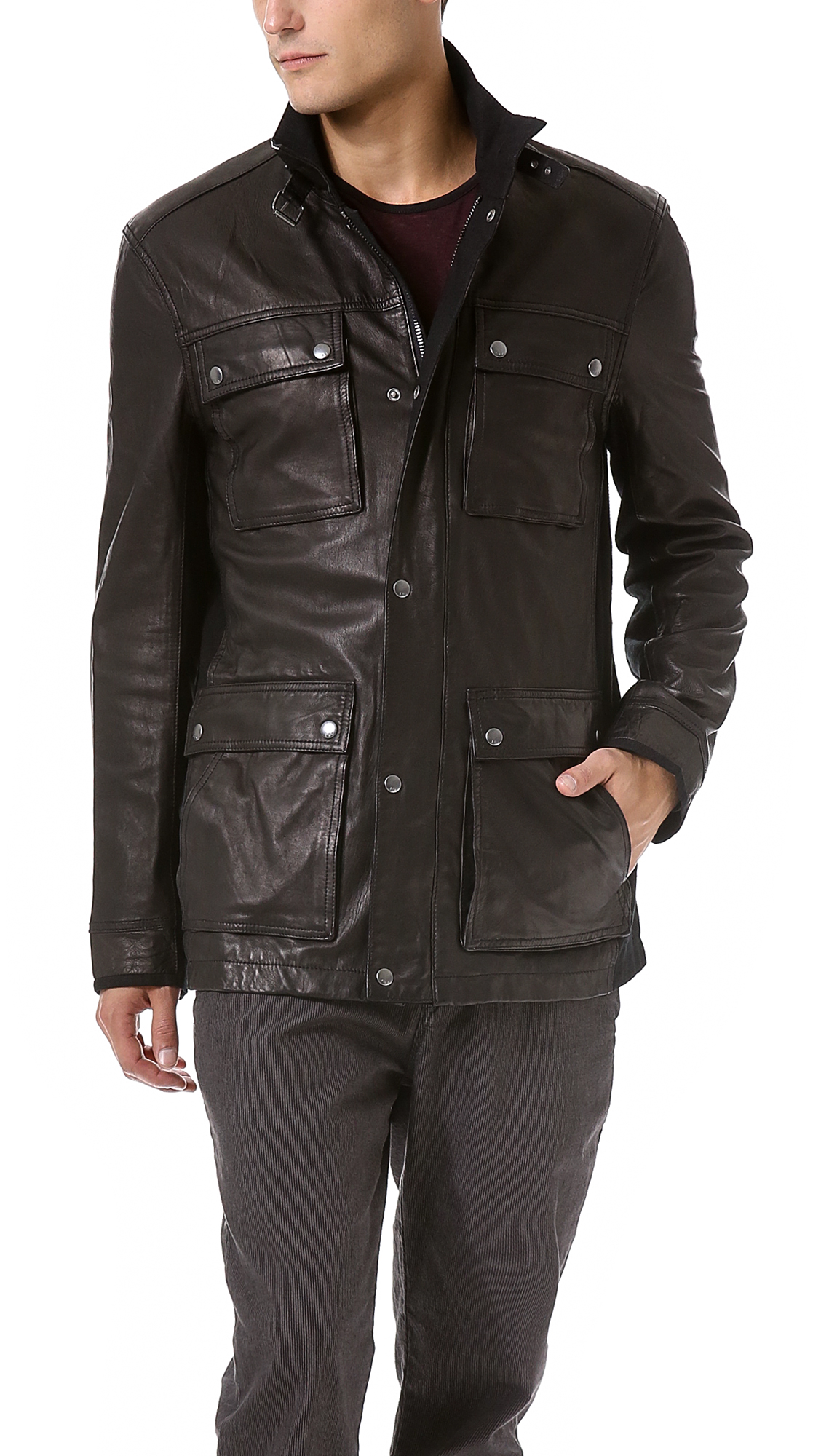 John Varvatos Leather Military Field Jacket In Brown For Men Lyst Gallery