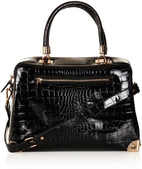Topshop Patent Croc Double Handle Bag in Black | Lyst