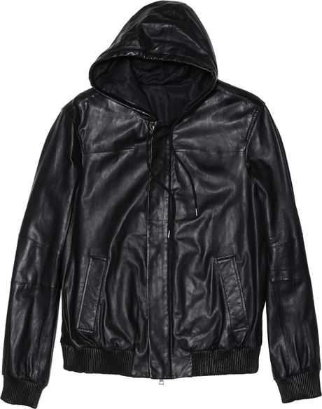 Vince Hooded Leather Bomber Jacket in Black for Men | Lyst