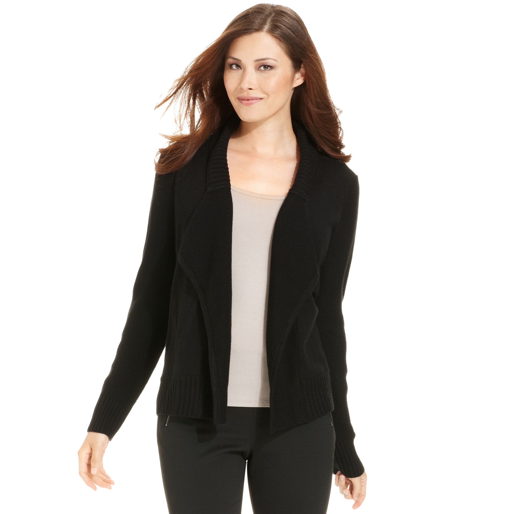 Lyst - Ellen tracy Long sleeve Pleather Ribbed Openfront Cardigan in Black