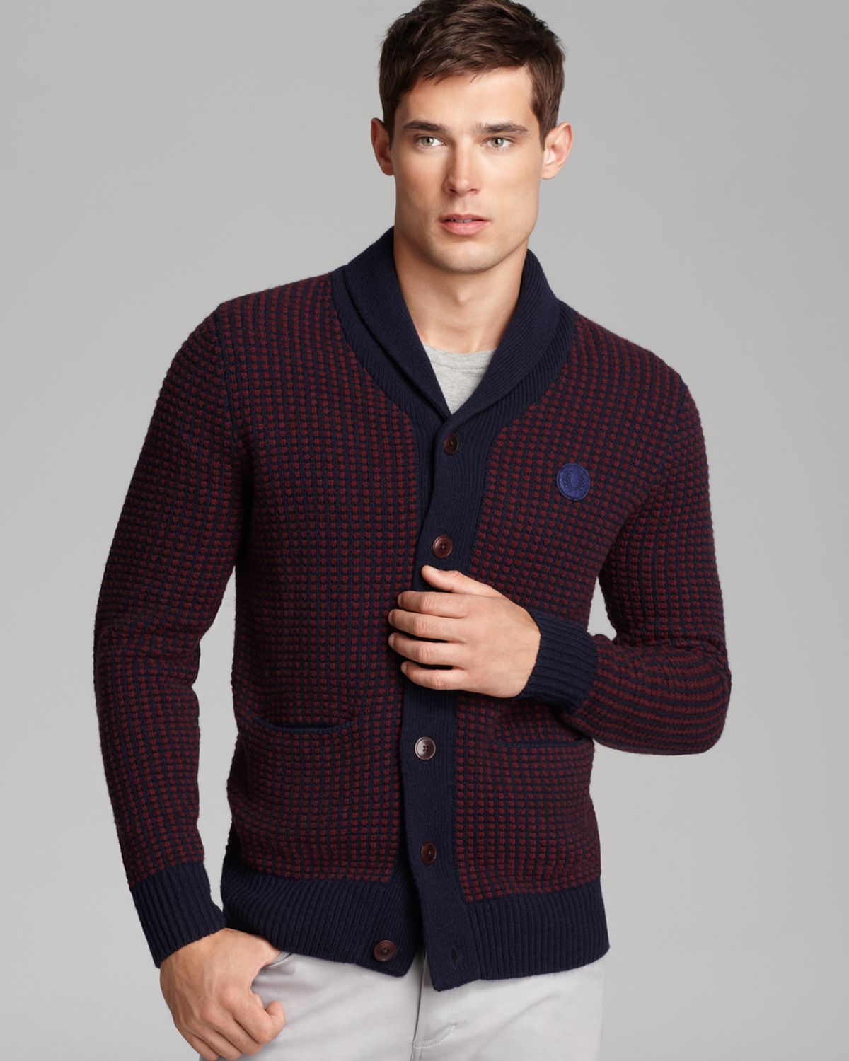 Lyst - Fred Perry Twotone Waffle Knit Cardigan in Red for Men