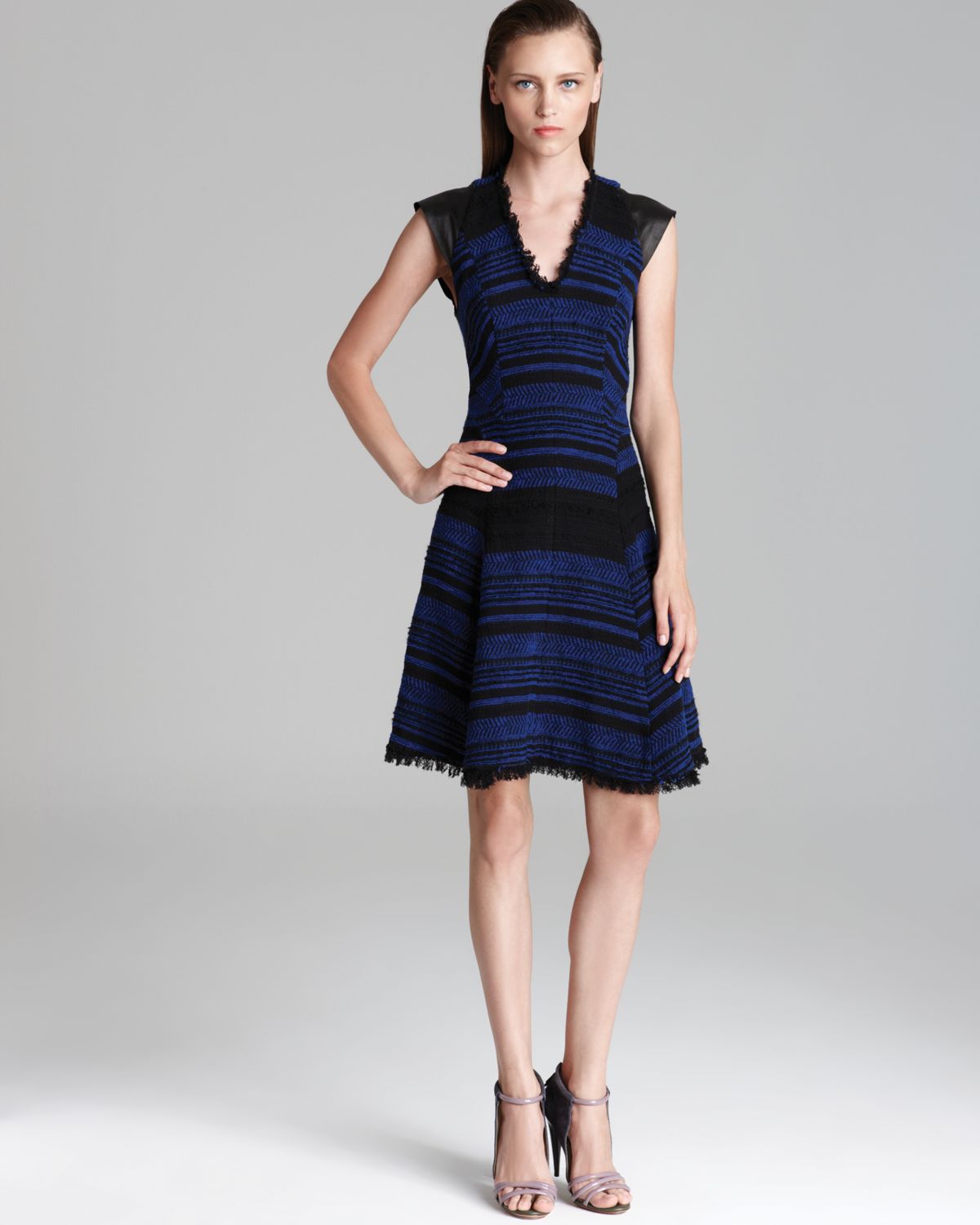 Lyst Rebecca Taylor Dress Stripe Tweed With Leather In Black Gallery