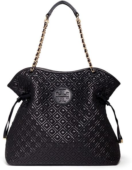 Tory Burch Marion Quilted Leather Slouchy Tote in Black | Lyst