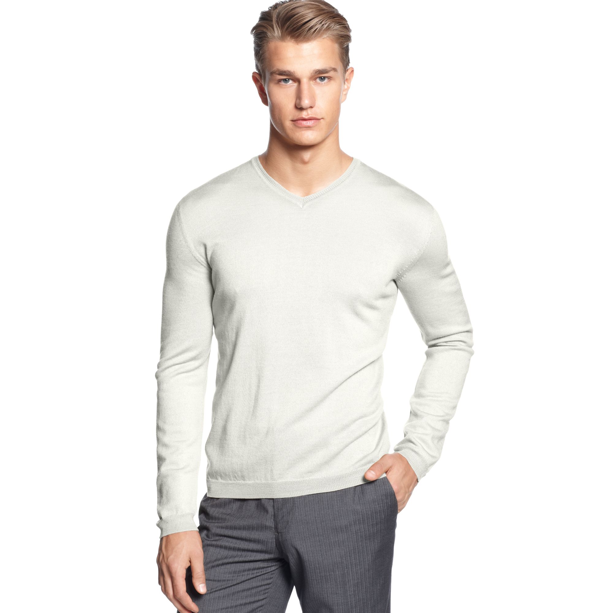 Lyst - Calvin klein Solid Merino Vneck Sweater in White for Men