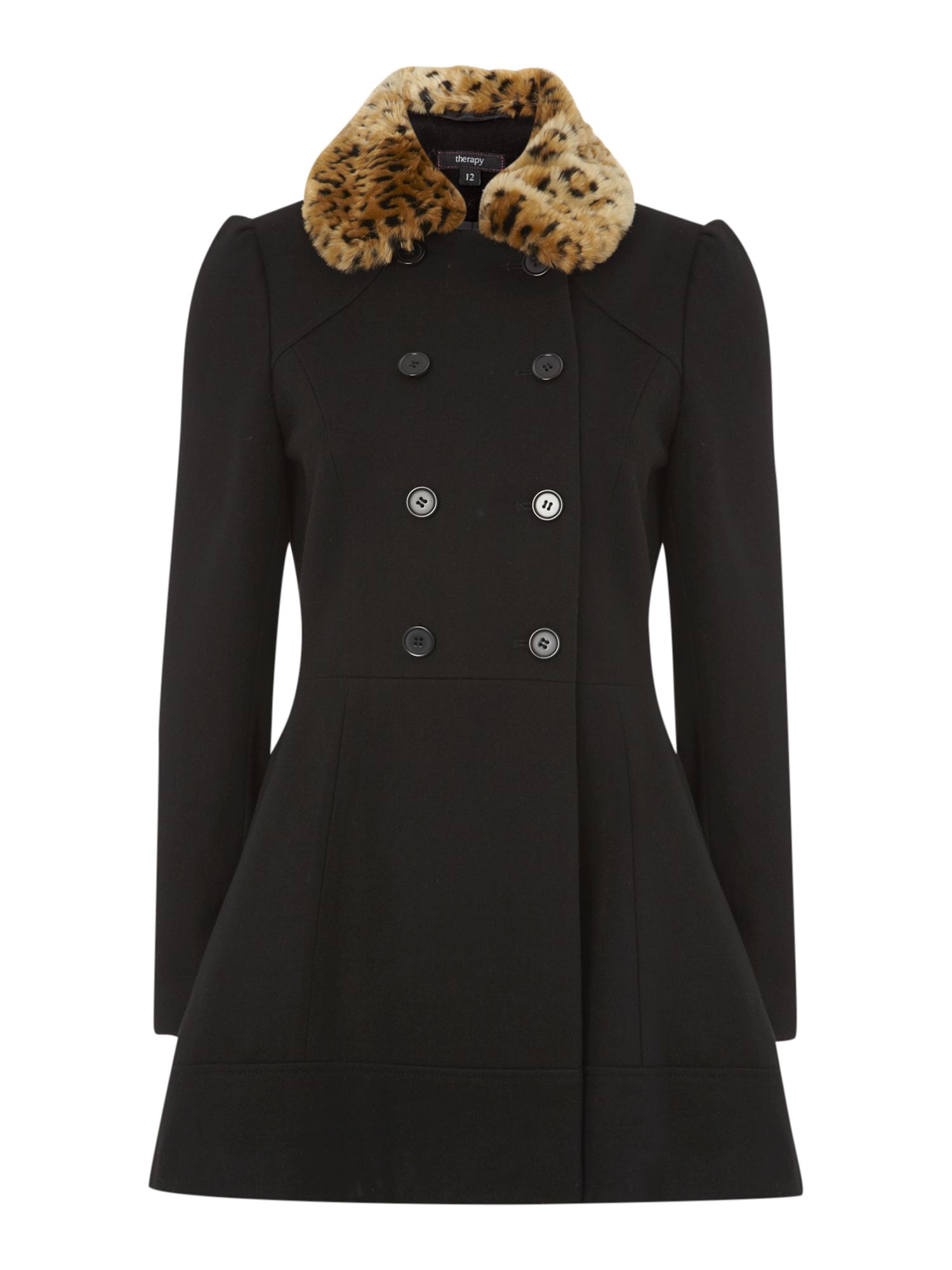 Therapy Leopard Fur Collar Fit and Flare Coat in Black | Lyst