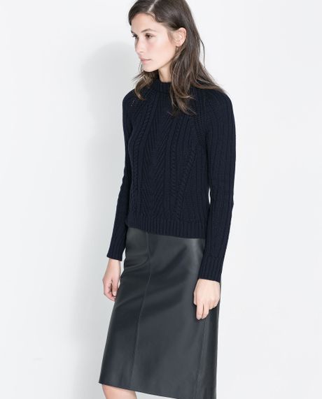 Zara Ribbed Cable Knit Sweater in Blue (Navy blue) | Lyst
