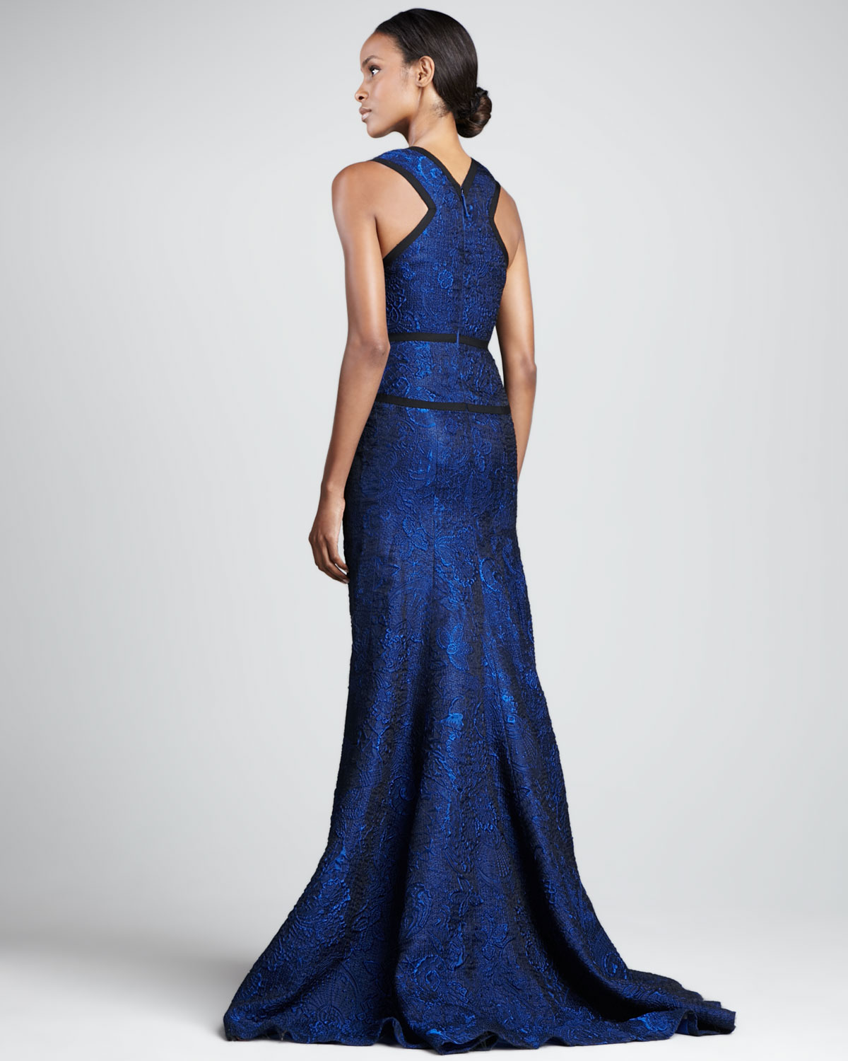 Lyst J Mendel Sleeveless Plunging Jacquard Gown Royal Blue In Gallery