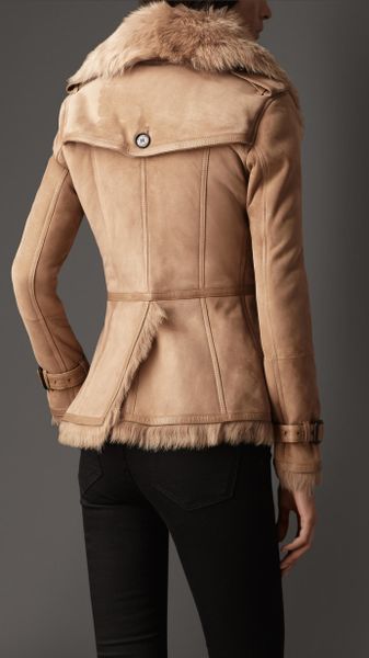 Burberry Leather Trim Shearling Jacket in Beige (camel) | Lyst
