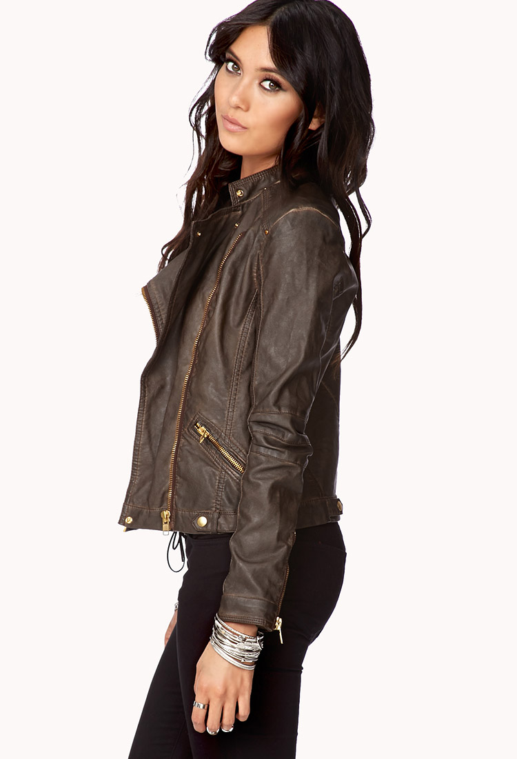 Lyst - Forever 21 Contemporary Off-duty Faux Leather Moto Jacket in Brown