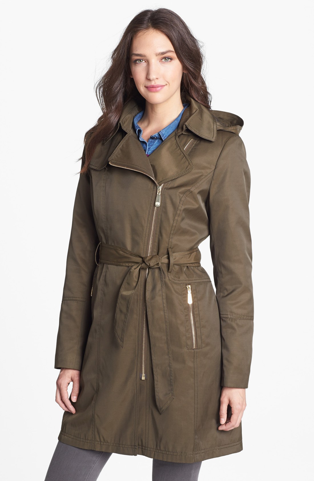 Vince Camuto Asymmetrical Zip Trench Coat with Detachable Hood in Green ...