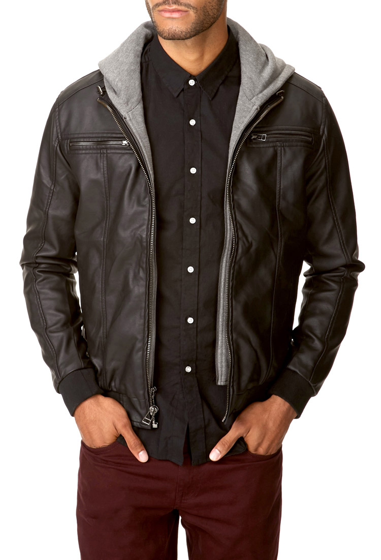 Lyst - Forever 21 Hooded Faux Leather Jacket in Gray for Men