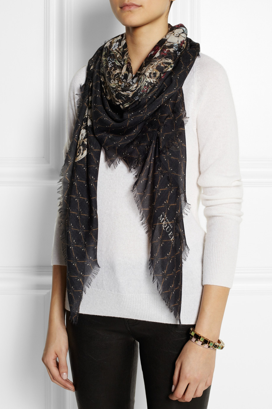 Lyst - Alexander Mcqueen Printed Silk and Modalblend Scarf in Black