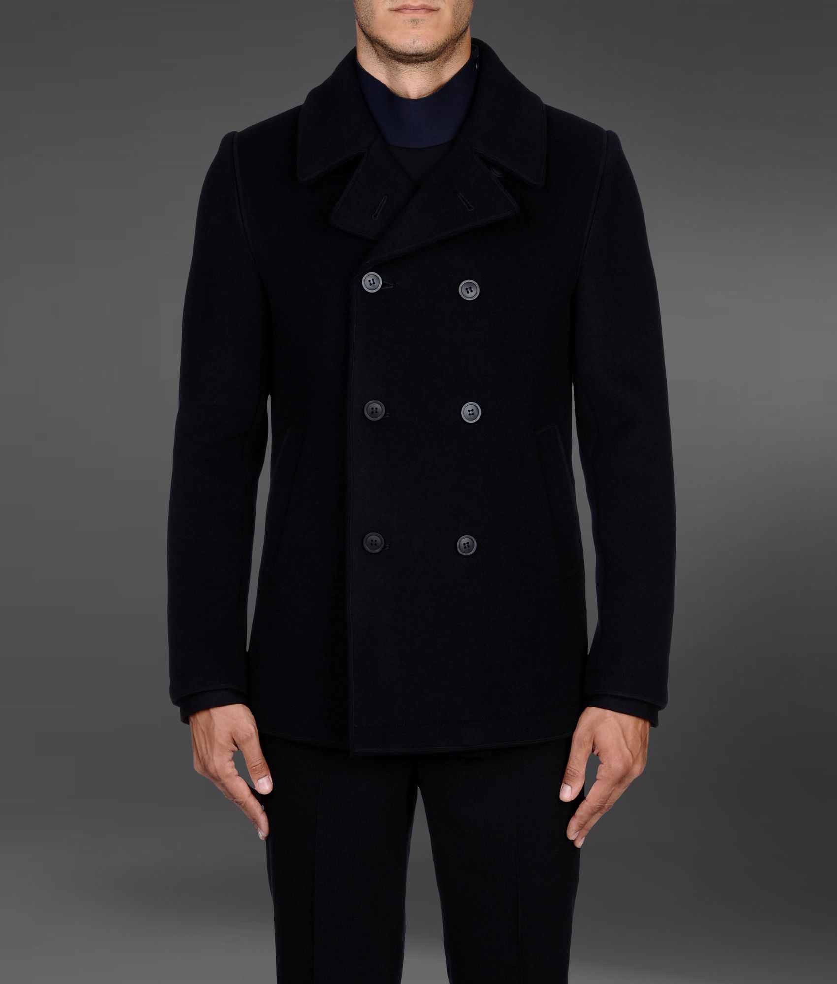Emporio armani Doublebreasted Pea Coat with Boiled Wool Effect in Blue ...