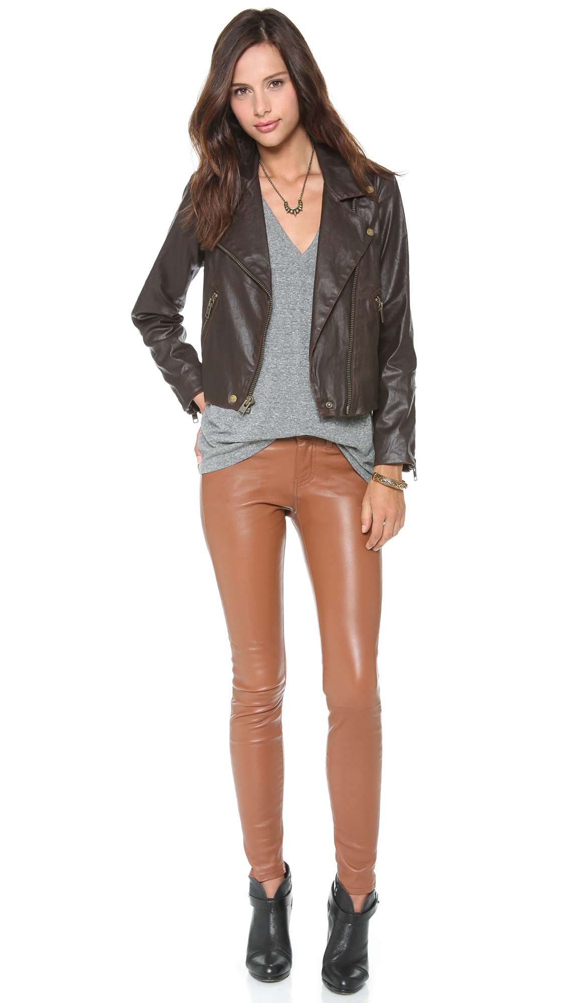 brown skinny leather pants