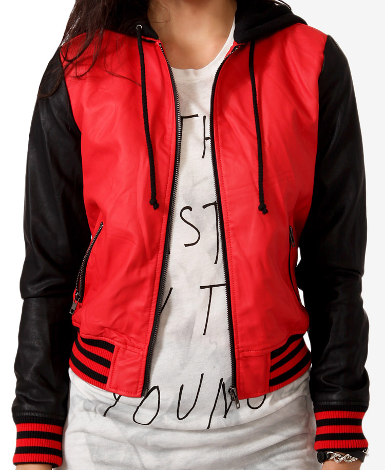 Lyst Forever 21 Hooded Varsity Jacket In Red Gallery