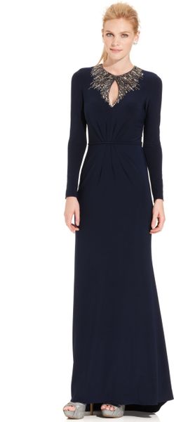 Js Boutique Long-Sleeve Beaded Cutout Gown in Blue (Navy) | Lyst