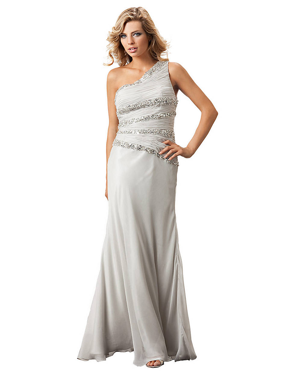 Js Collections Sleeveless One Shoulder Chiffon Beaded Dress in Silver ...