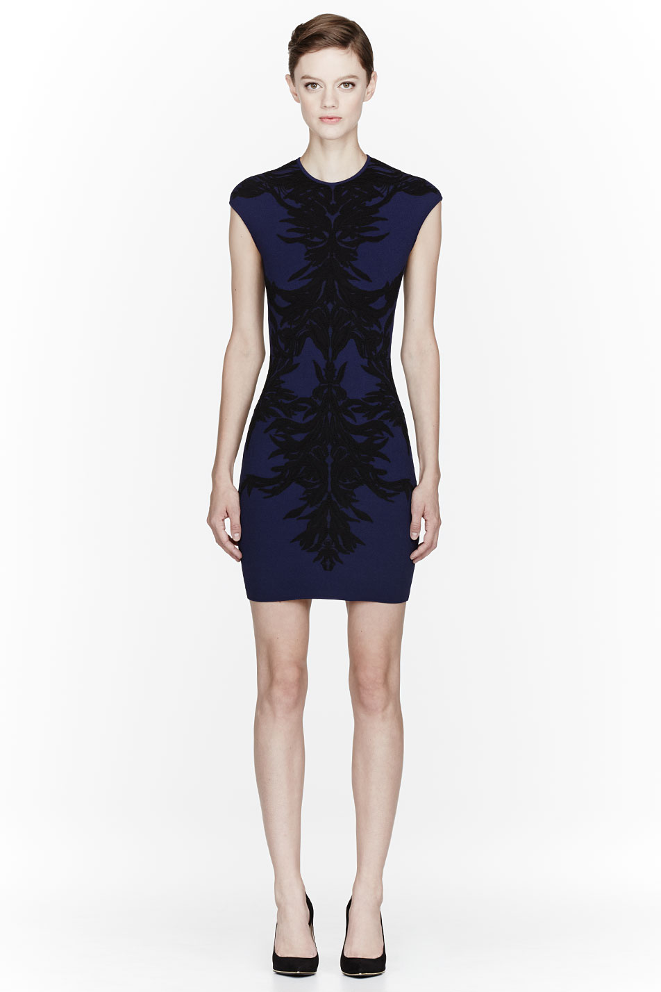 Alexander mcqueen Navy and Black Embroidered Jacquard Dress in Blue | Lyst