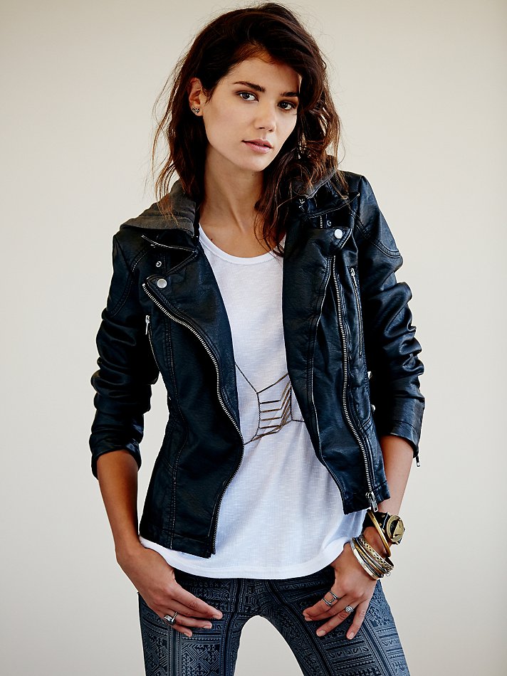 Free People Vegan Leather Hooded Biker Jacket In Black Lyst Gallery Women S Camel Leather Jackets