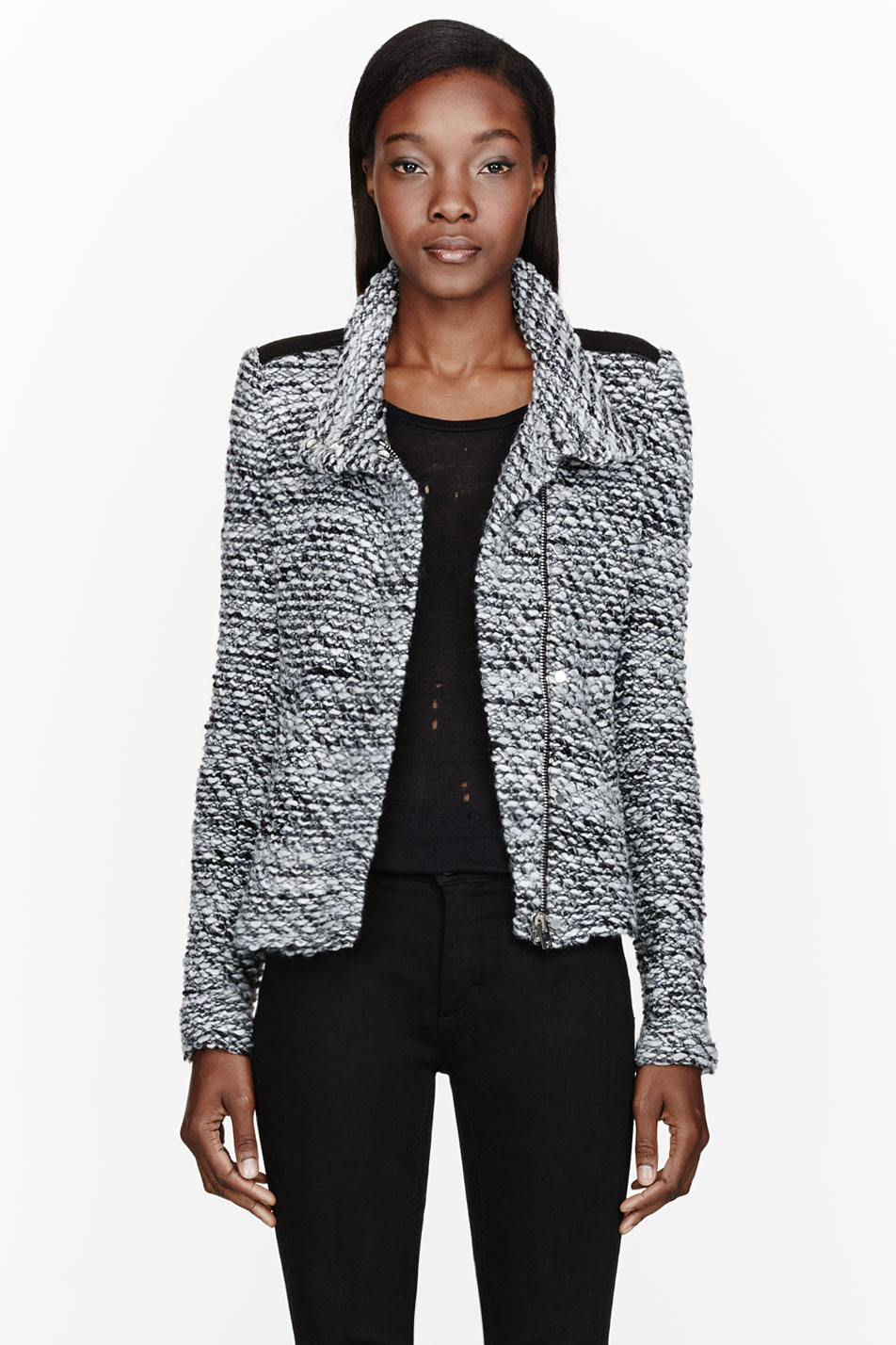Iro Black And White Leather Trimmed Knit Josepina Jacket In Gallery