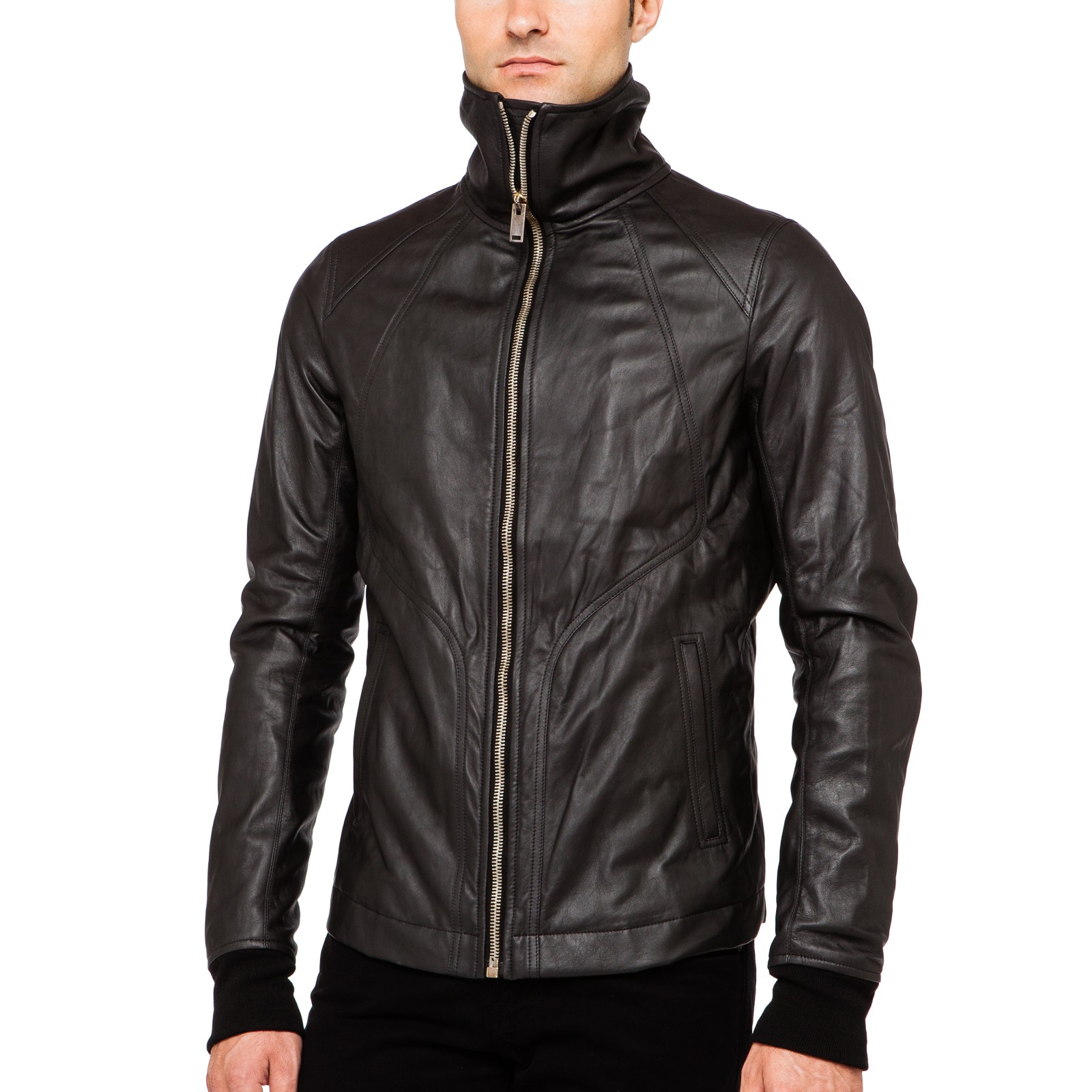 Rick Owens Intarsia High Neck Leather Jacket in Black for Men | Lyst