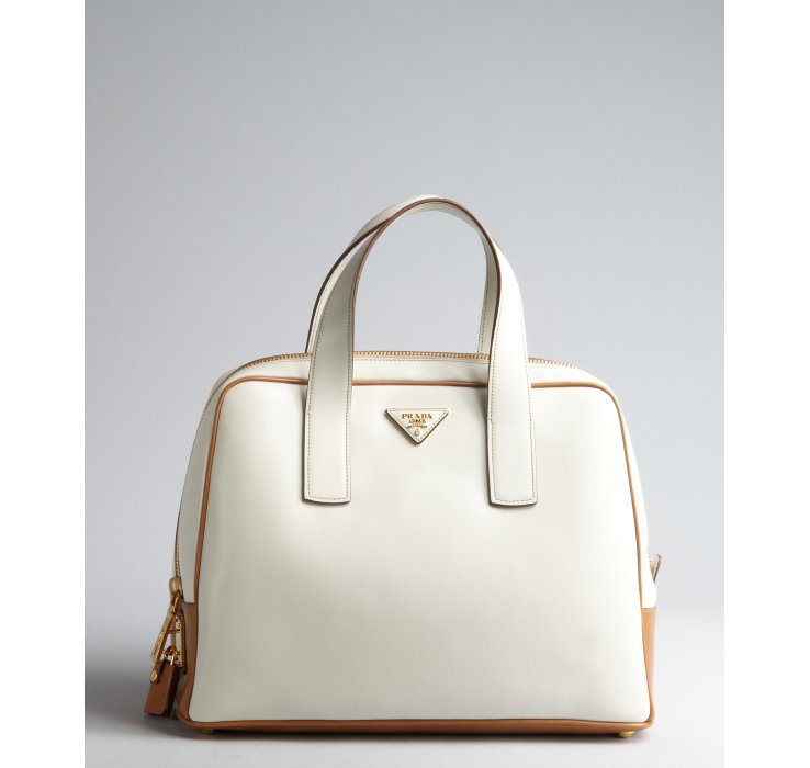 prada white leather and beige canvas bowling bag  