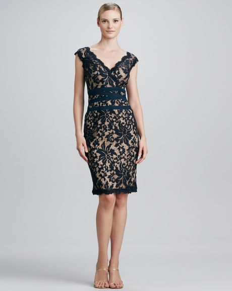 Tadashi Shoji Lace Banded Cocktail Dress Navy in Blue (NAVY/NUDE) | Lyst