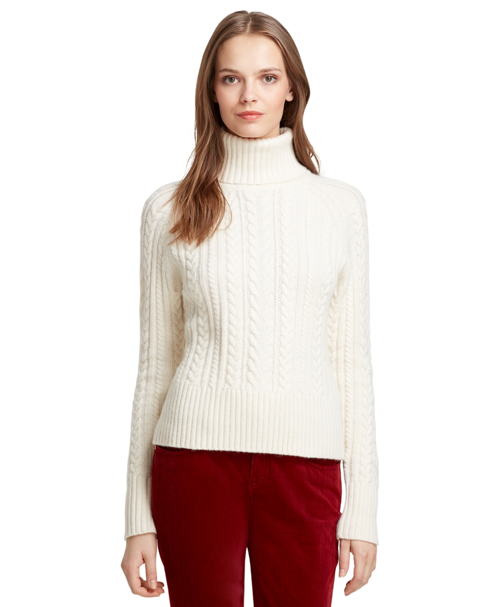 Brooks brothers Long Sleeve Aran Cable Knit Turtleneck Sweater in White ...