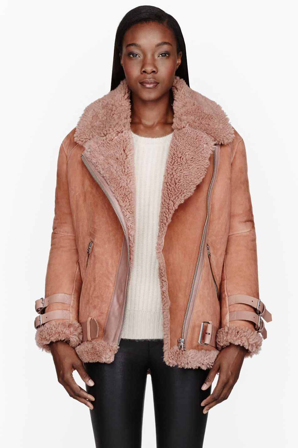 Lyst - Acne studios Dusty Rose Belted Shearling Jacket in Pink
