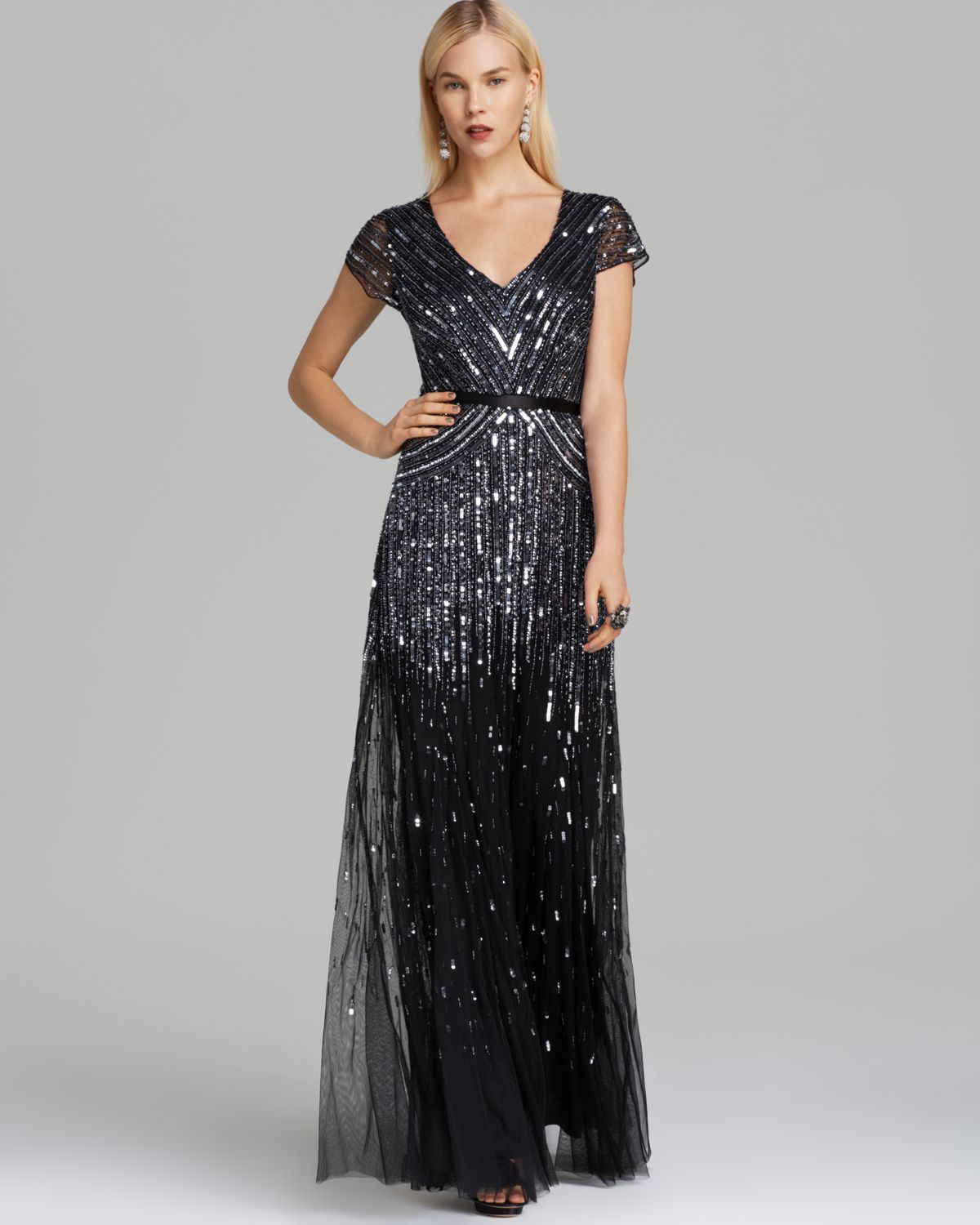 Lyst Adrianna Papell V Neck Beaded Gown Cap Sleeve In Black