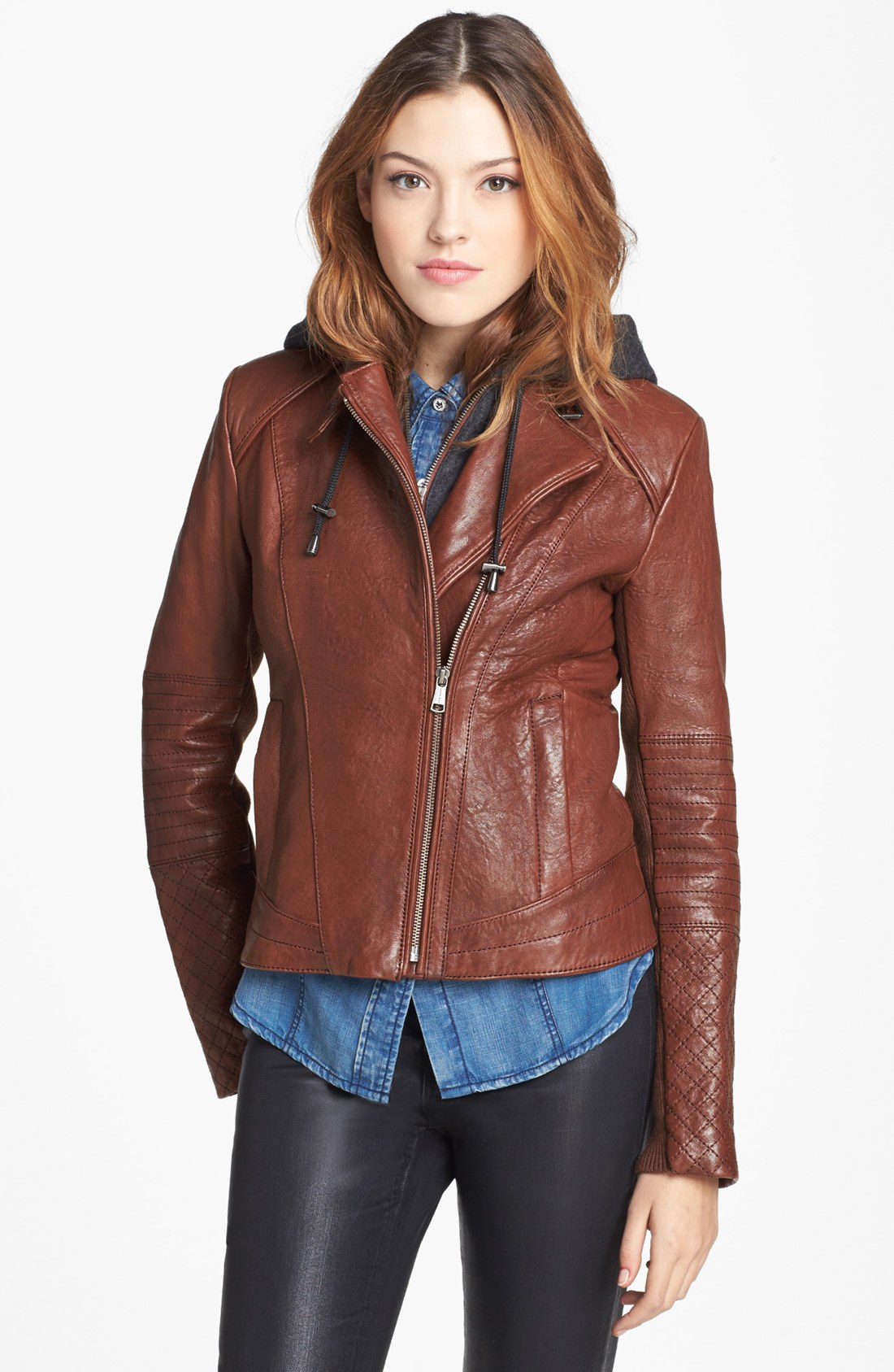 Andrew Marc Shay Hooded Insert Leather Jacket in Brown (Nutmeg) | Lyst