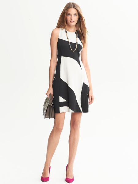 Banana Republic Bold Print Fit and Flare Dress Black Combo in White ...