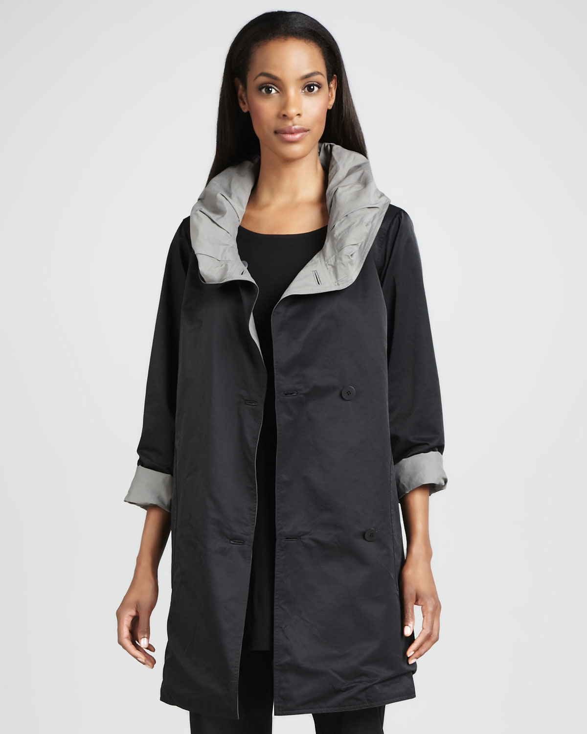 Eileen fisher Reversible Hooded Rain Coat in Black | Lyst
