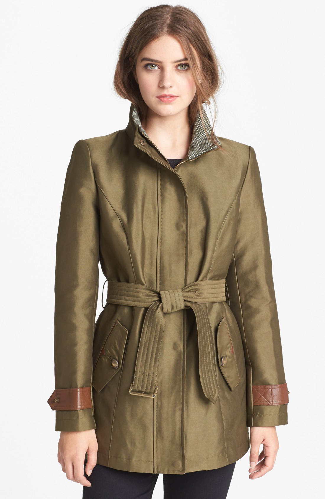 Sam Edelman Faux Leather Trim Trench Coat in Green (Army Green) | Lyst