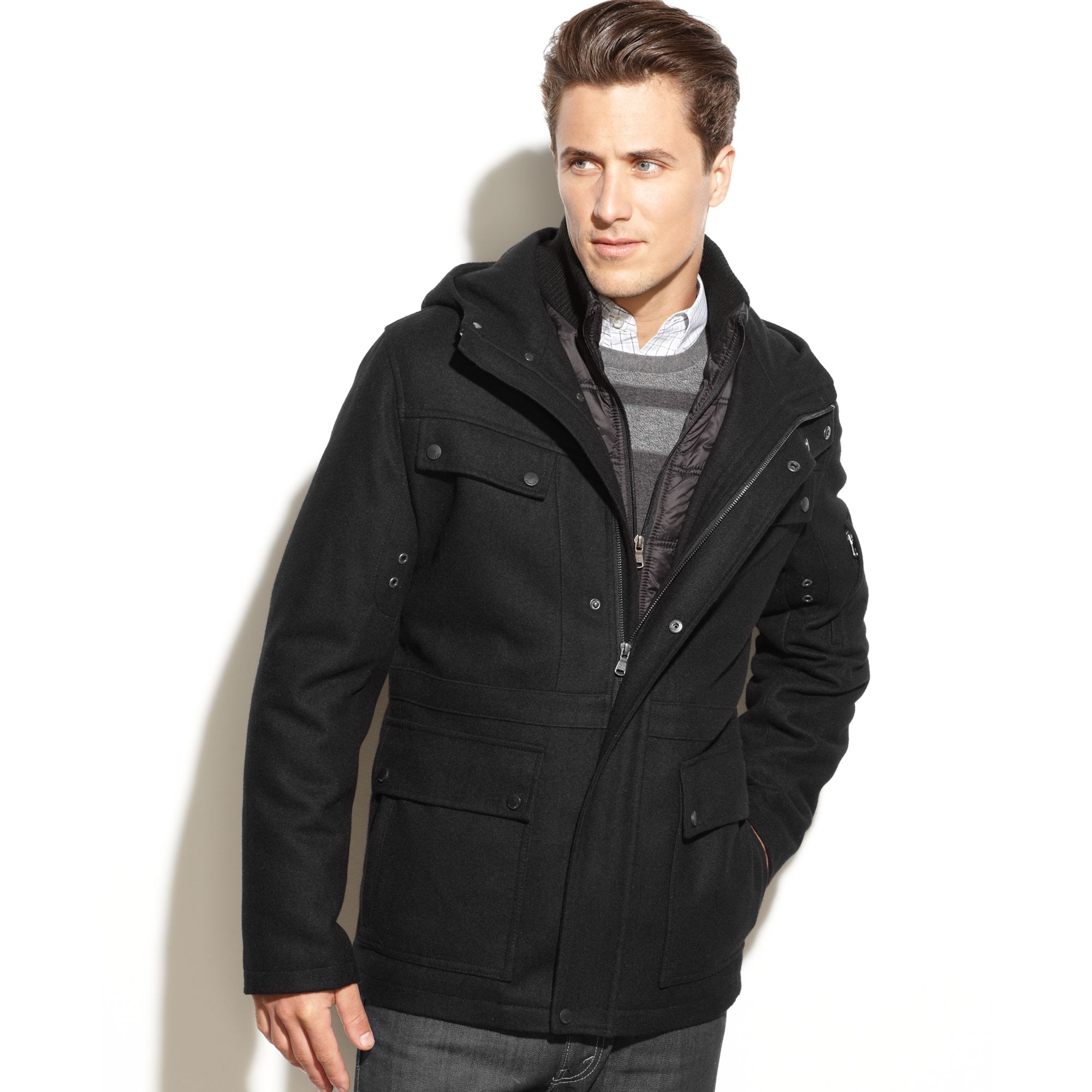 Calvin klein Hooded Cire Puffer Bib Woolblend Coat in Black for Men | Lyst