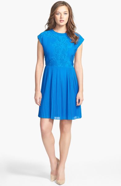 Ted Baker Pleated Lace A-line Dress in Blue | Lyst