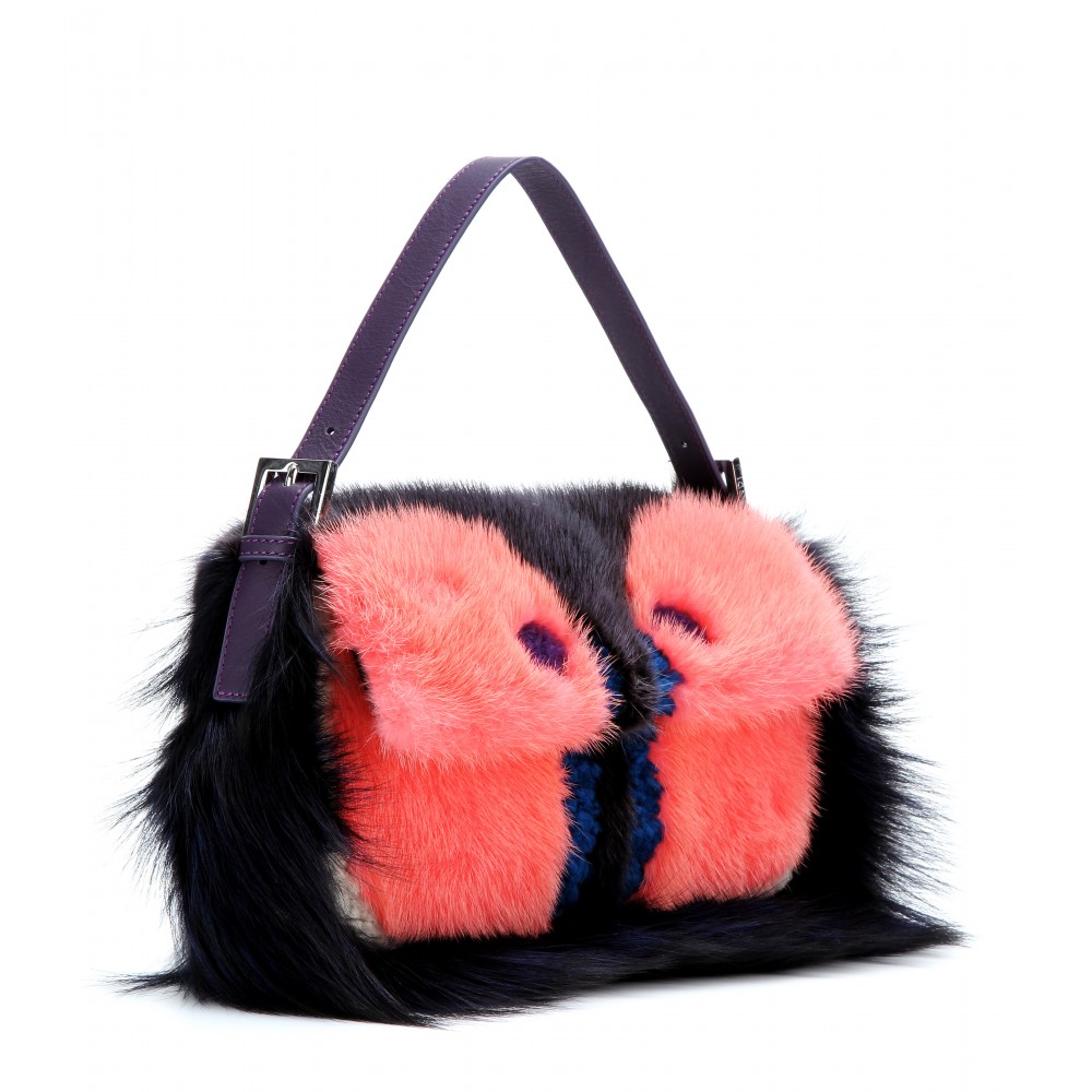 Lyst Fendi Owl Baguette Shoulder Bag with Mink and Fox Fur in Pink
