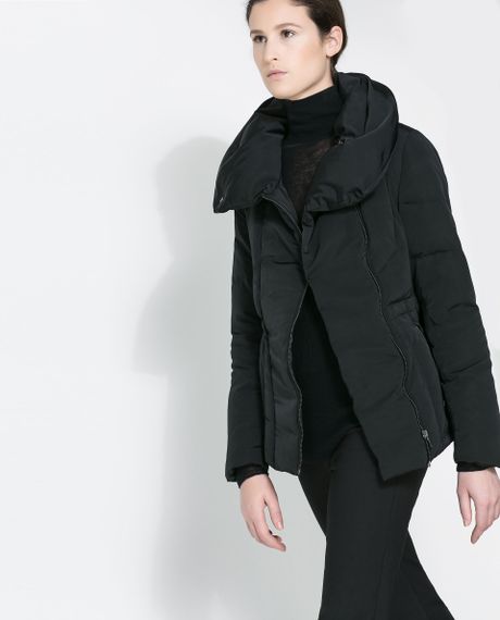 Zara Puffer Jacket with Wraparound Collar in Black | Lyst