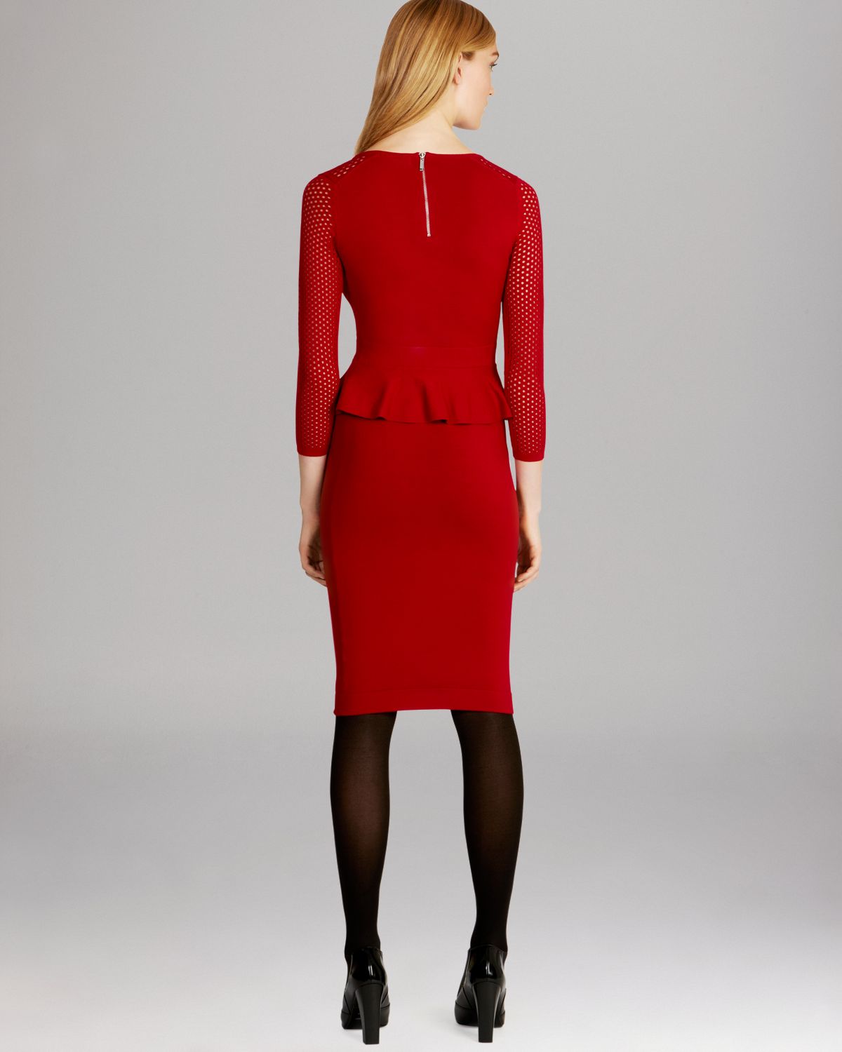 Karen millen Mesh Knit Peplum Dress in Red Lyst