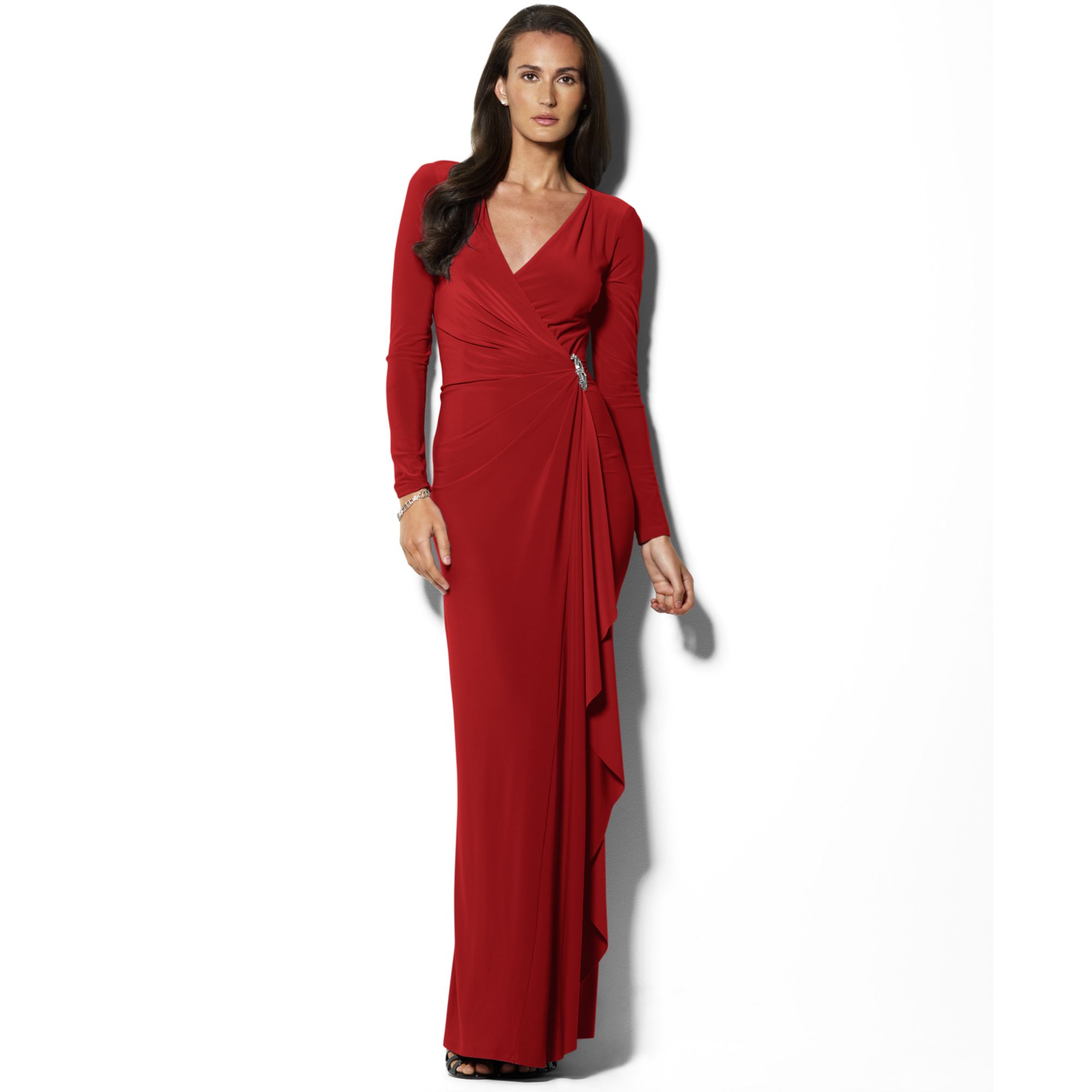 Lyst Lauren By Ralph Long Sleeve Ruffled Jersey Gown In Red Gallery