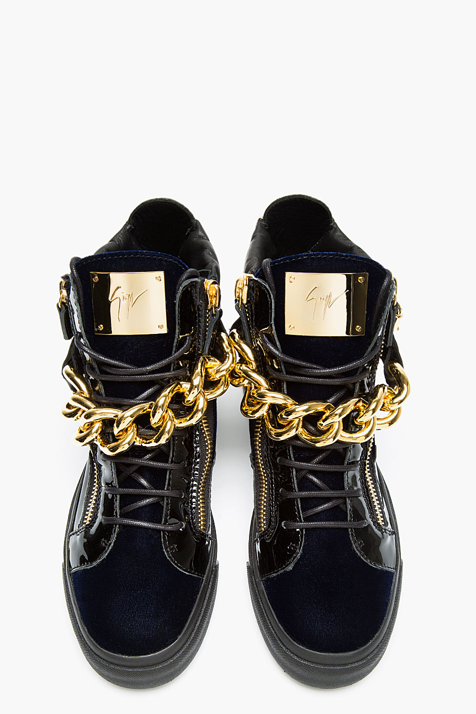 Lyst - Giuseppe zanotti Navy Velvet Gold Chain High_top Sneakers in ...