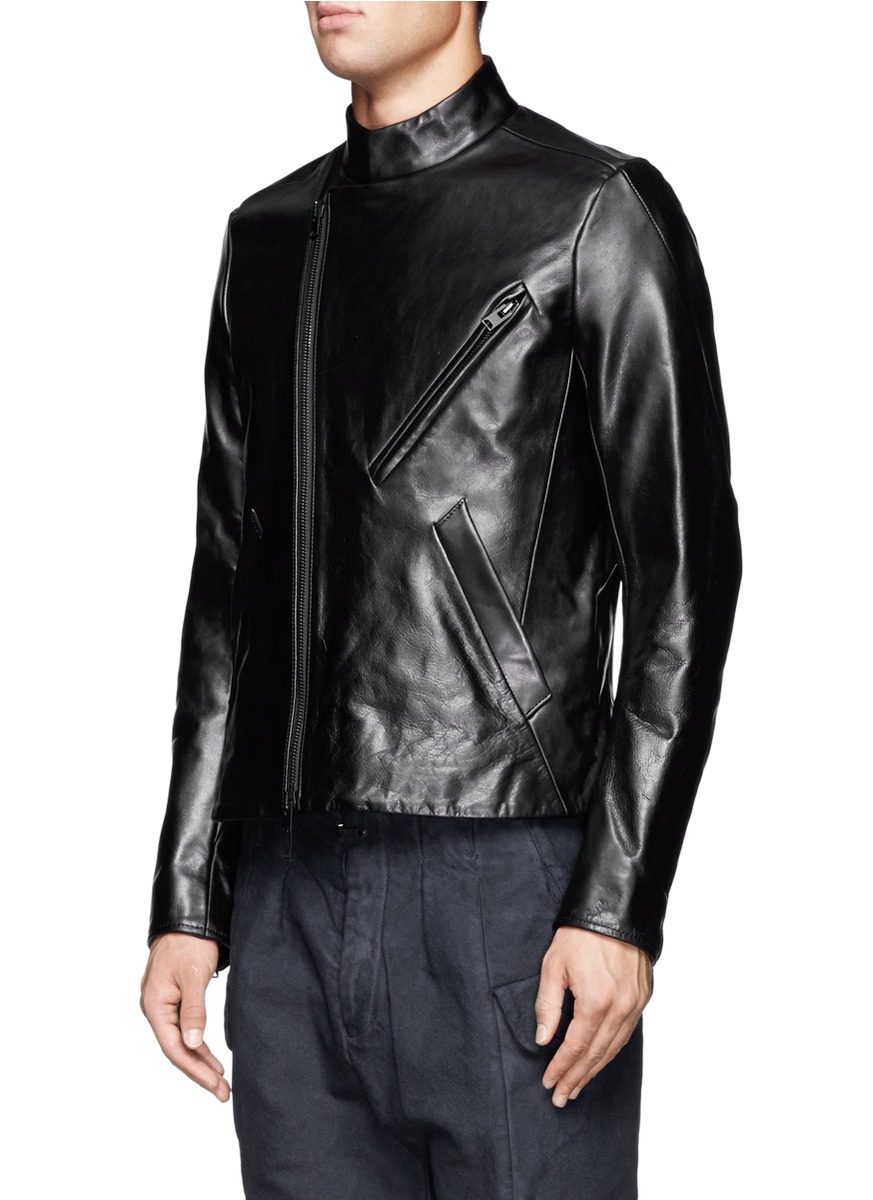The Viridi Anne Asymmetrical Collar Leather Jacket In Black For Gallery