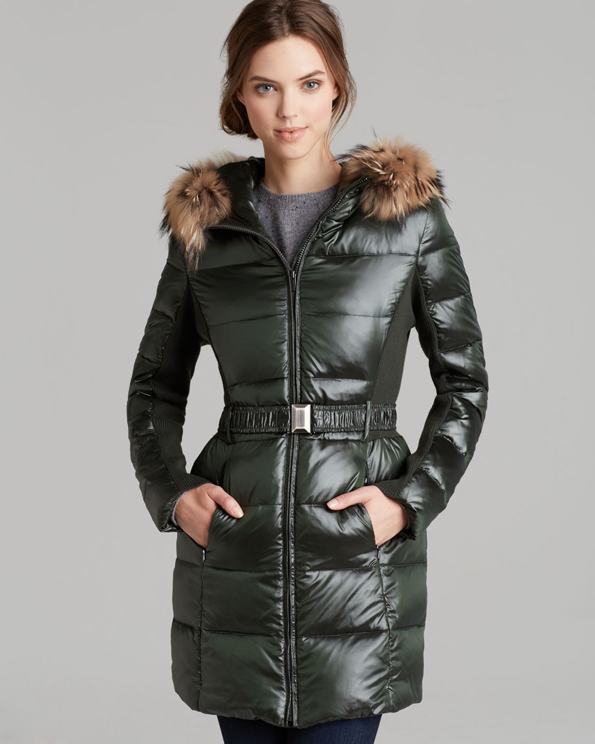 Bcbgmaxazria Down Coat Belted Fur Trim Hood in Green | Lyst