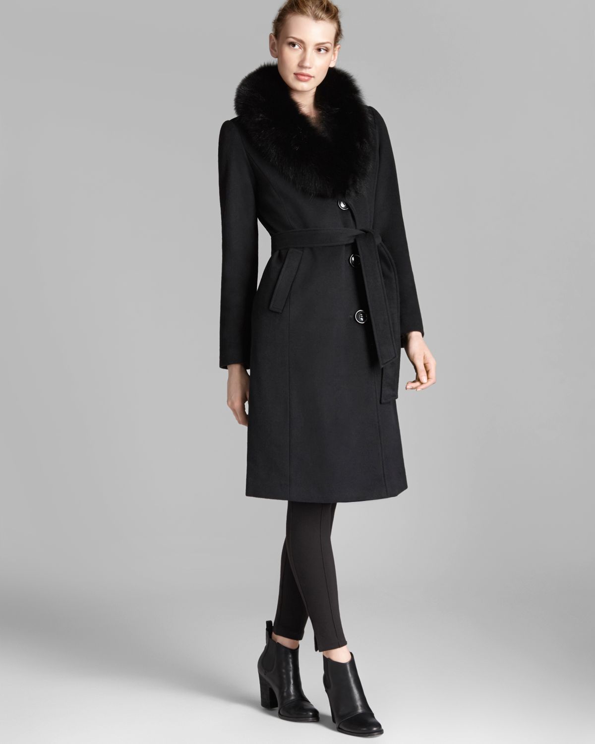 Ellen tracy Coat Fox Fur Collar Belted in Black | Lyst