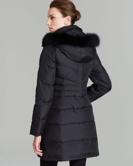 Ellen Tracy Down Coat Modern Cire Fur Trim Hood in Black | Lyst