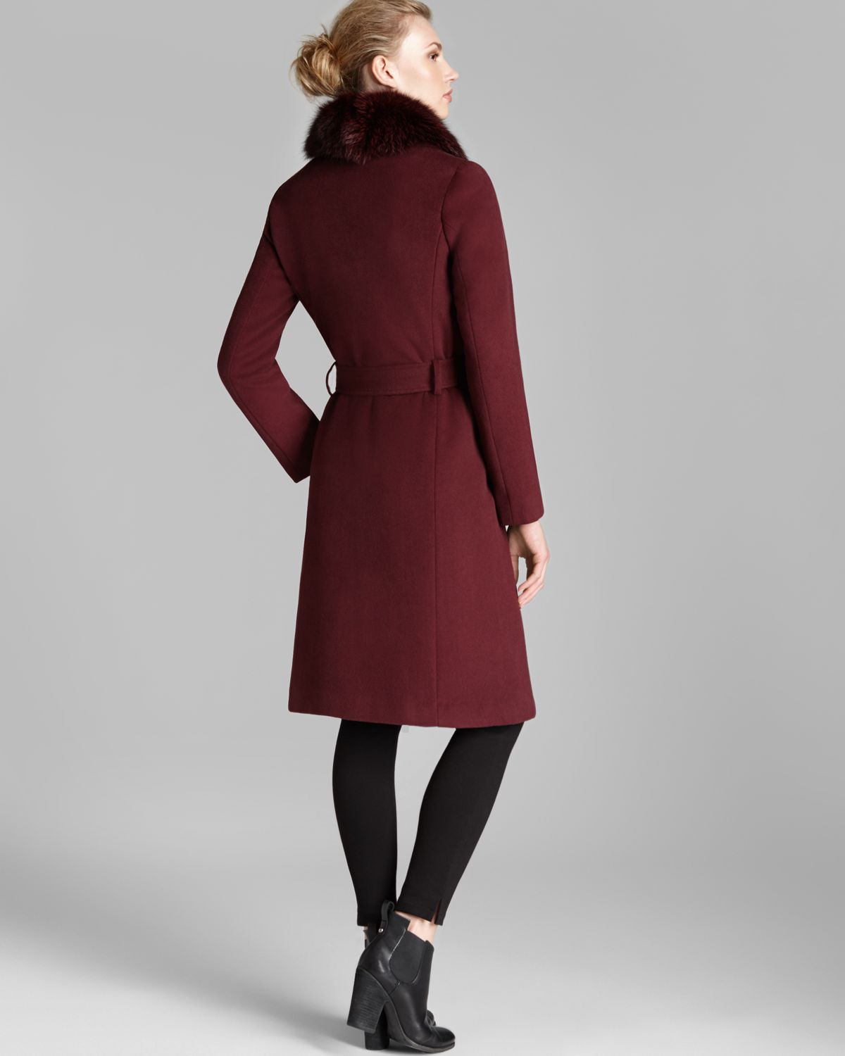 Ellen Tracy Faux Fur Collar Belted Coat In Brown Lyst Gallery