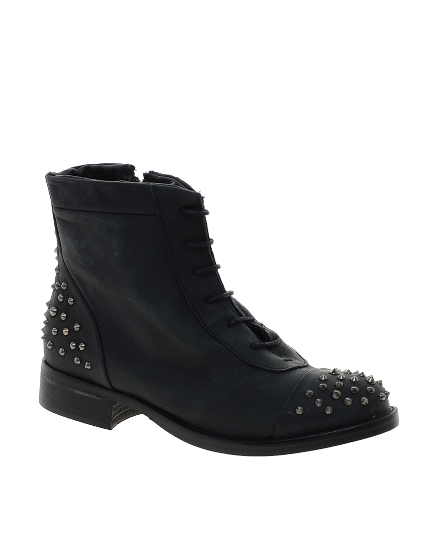 Miista Brava Spikes Flat Leather Boot in Black | Lyst