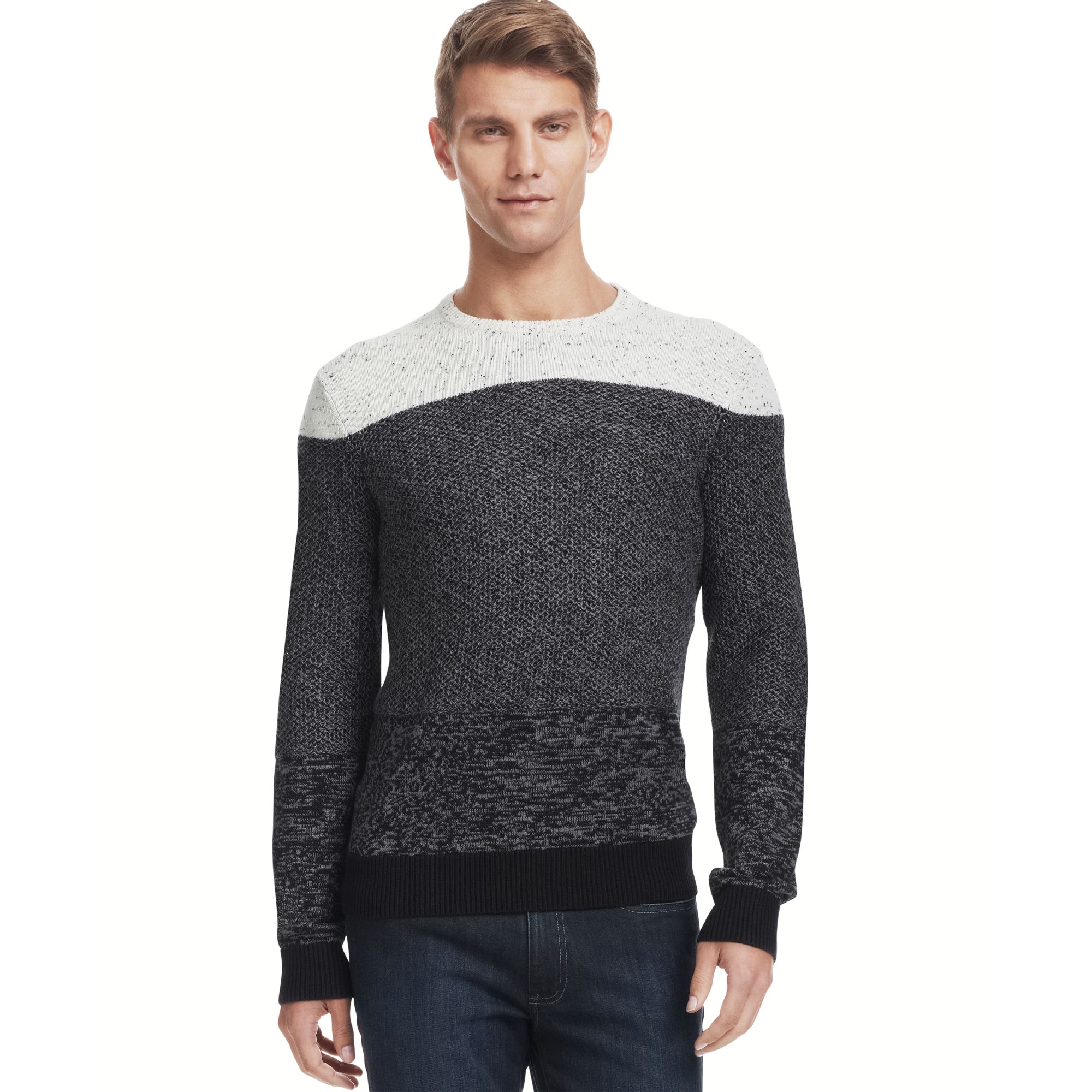 Kenneth Cole REACTION Mens Colorblock Striped Marled Crew Neck Sweater