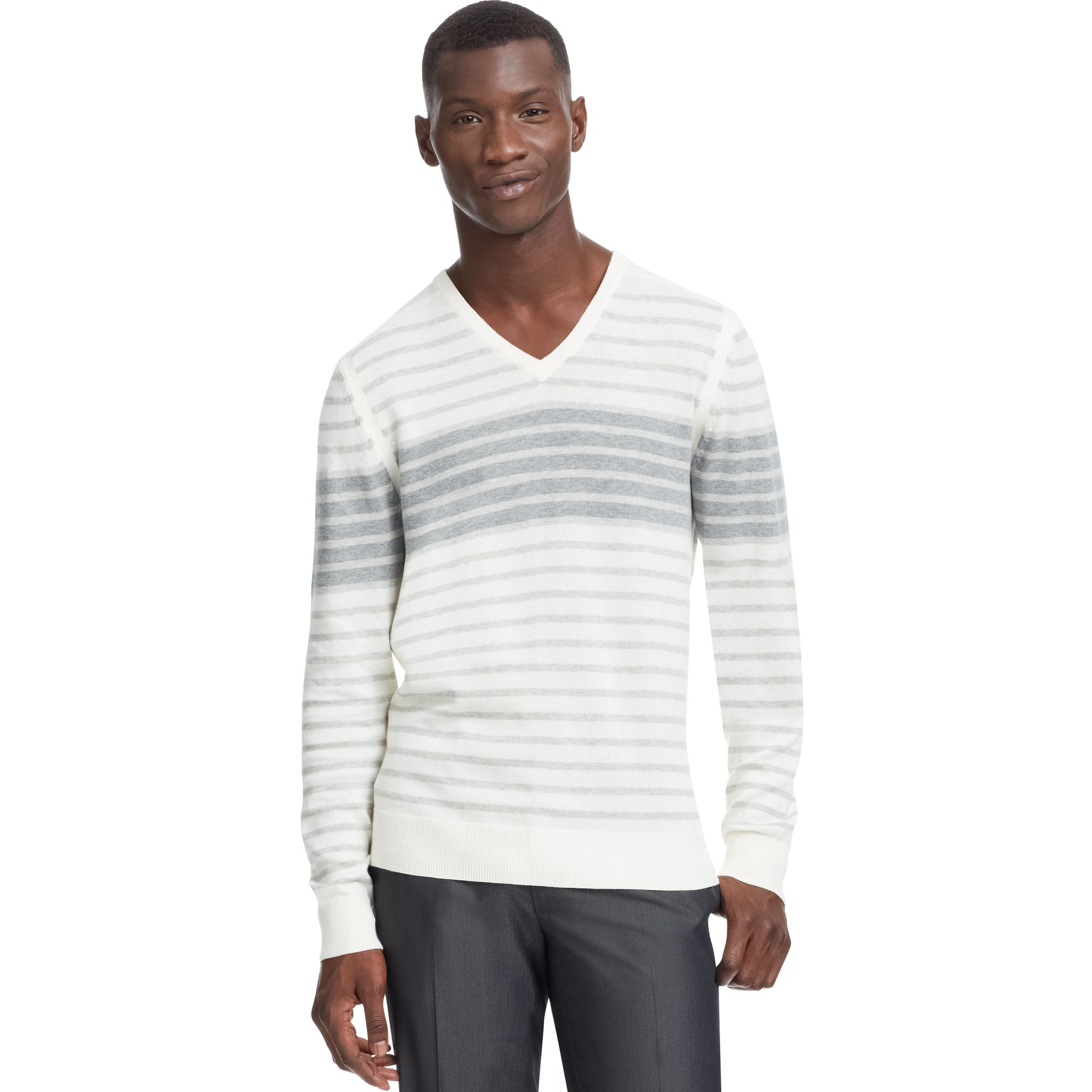 Lyst - Kenneth Cole Reaction Long Sleeve Stripe Vneck Sweater in Gray ...